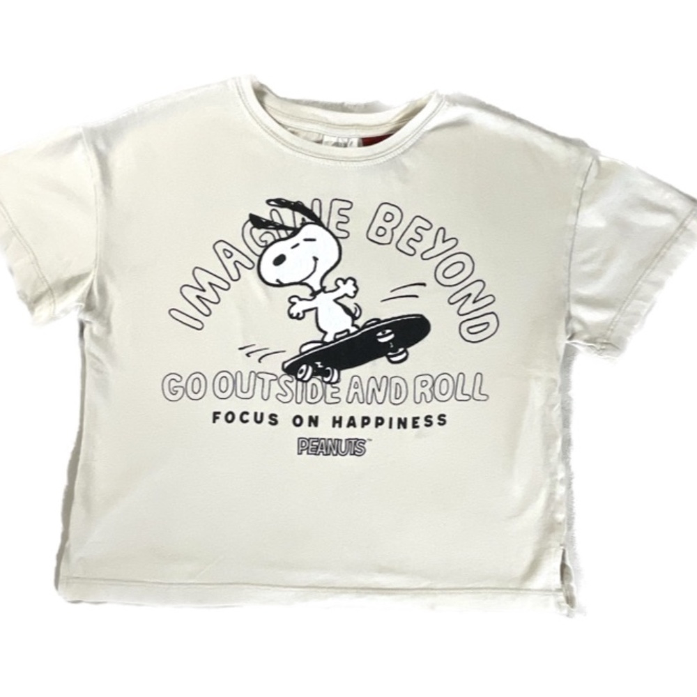Zara x Peanuts Collab Cream Cropped Skateboarding Snoopy T Shirt Size 7 Years